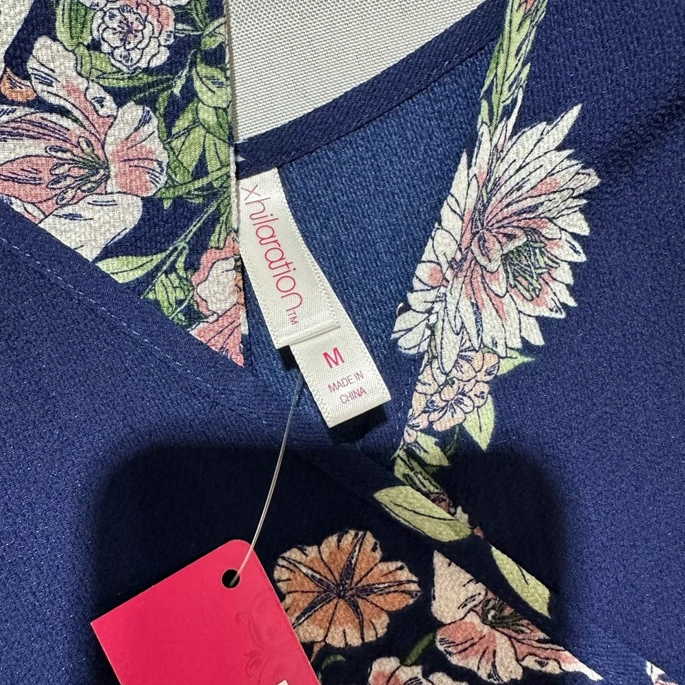 NWT Xhiliration Women’s M Jumpsuit Blue Floral Tie Sleeve Faux Wrap Wide Leg